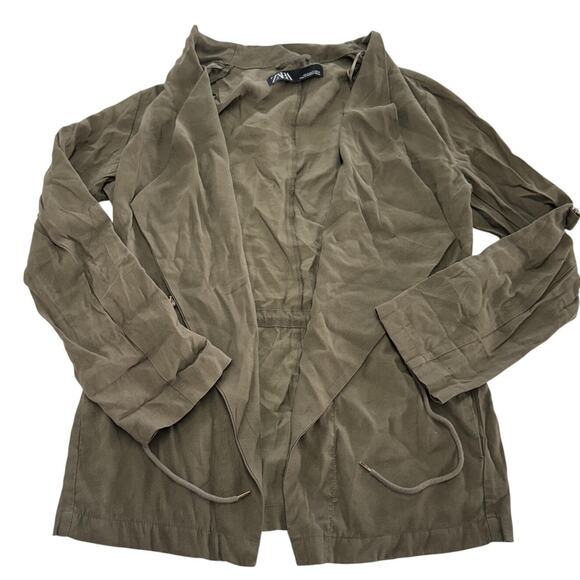 Zara Jacket Womens Medium Olive Green Lightweight Open Front Drape Casual Belted - Picture 1 of 6